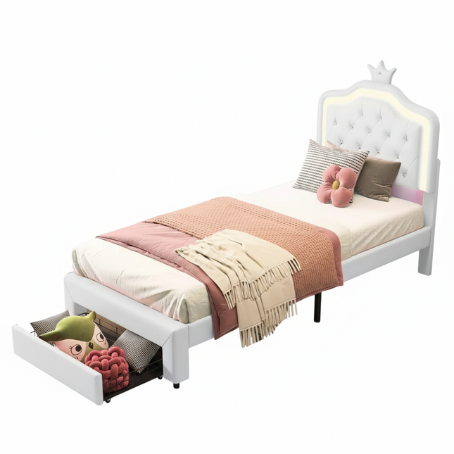 Lit 1 place 90x200 – Design princesse avec tiroir de rangement Blanc