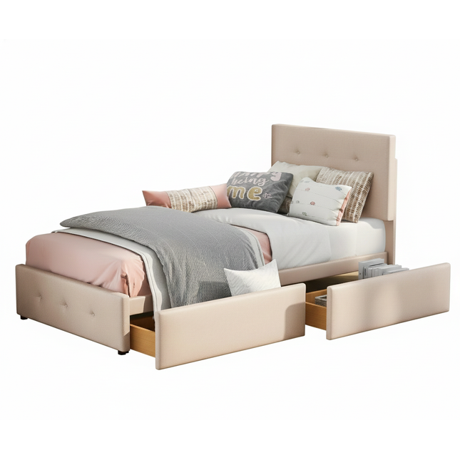 Lit 1 place 90x200 avec tiroirs de rangement – Velours capitonné