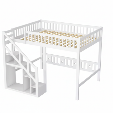 Lit mezzanine 1 ou 2 places 140x200 – Bois blanc avec escalier et rangements