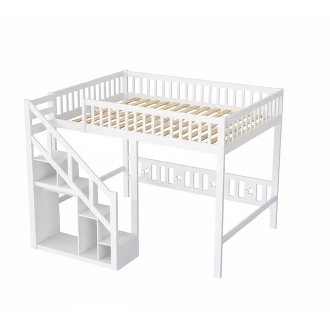 Lit mezzanine 1 ou 2 places 140x200 – Bois blanc avec escalier et rangements