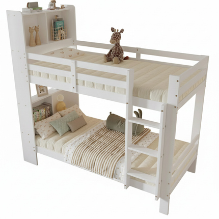 Lit mezzanine 2 lits 1 place 90x200 – Bois blanc avec rangements intégrés