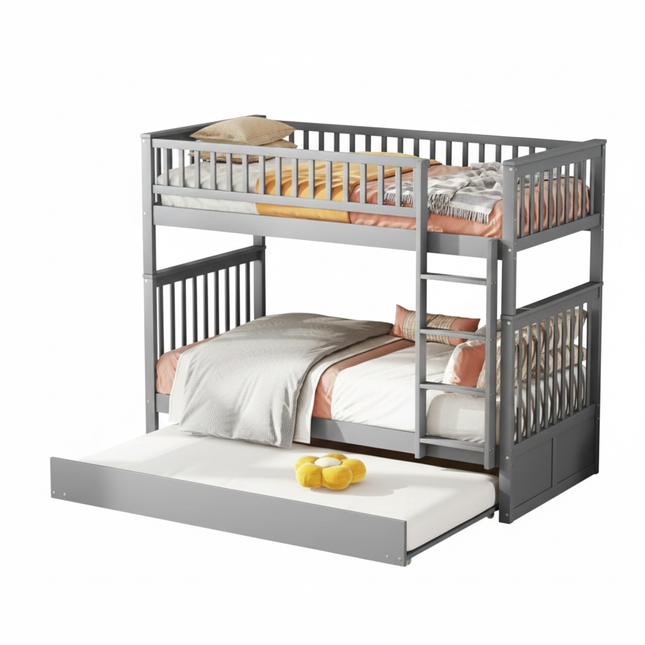 Lit mezzanine 2 lits de 1 place 90x200 – Bois avec escalier et lit gigogne Gris