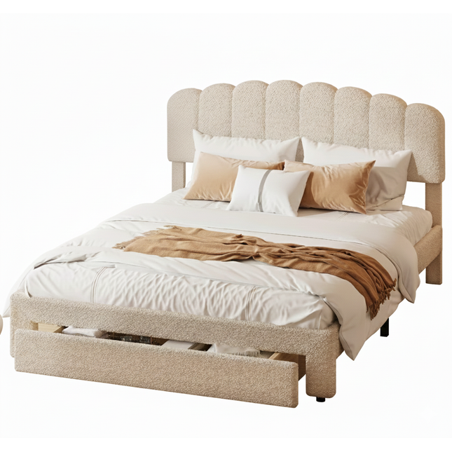 Lit 2 places 140x200 avec tiroir – Tête de lit teddy Molletonnée réglable beige