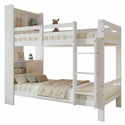Lit mezzanine 2 lits 1 place 90x200 – Bois blanc avec rangements intégrés