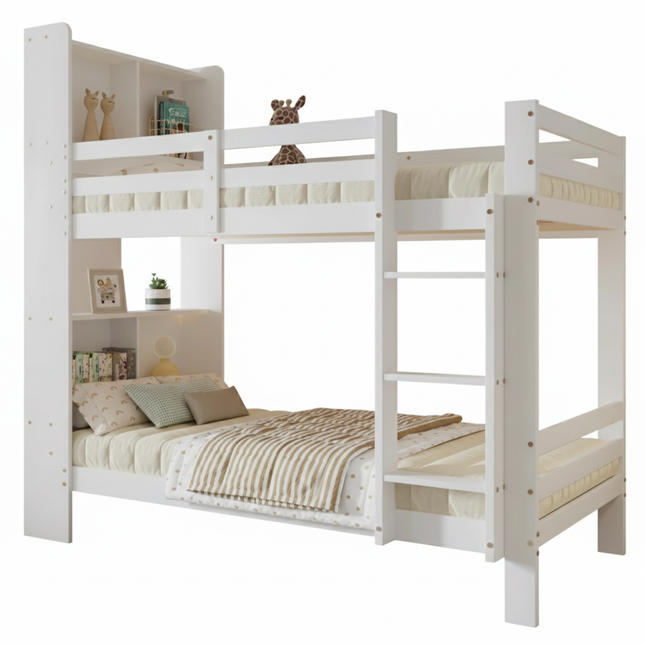 Lit mezzanine 2 lits 1 place 90x200 – Bois blanc avec rangements intégrés