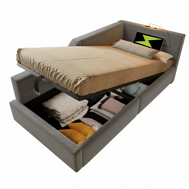 Lit coffre 1 place 90x200 avec rangement – Daybed velours avec lumière & USB-C Gris
