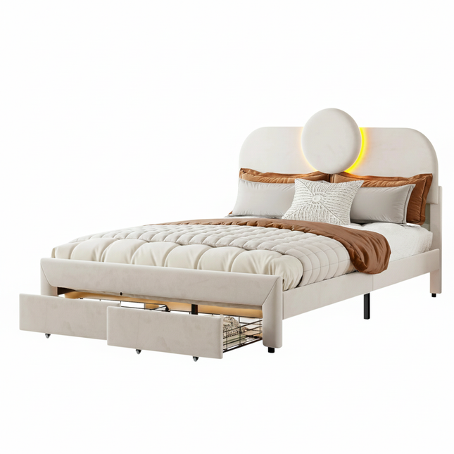 Lit 2 places 140x200 en velours avec rangement – Tête ronde LED