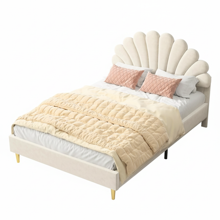 Lit 2 places 140x200 – Velours avec tête de lit fleur rembourrée Beige ou Vieux rose