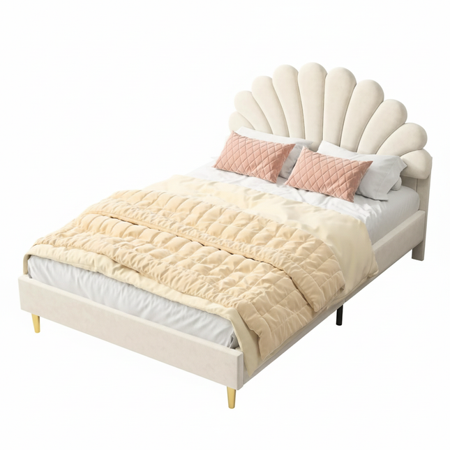 Lit 2 places 140x200 – Velours avec tête de lit fleur rembourrée Beige ou Vieux rose