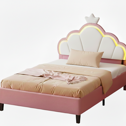 Lit 1 place 90x200 – Design princesse LED avec tête de lit couronne Rose