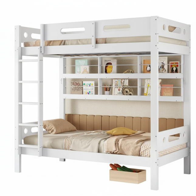 Lit mezzanine 1 place 90x200 - 2 couchages Bois blanc avec échelle 5 marches et rangements