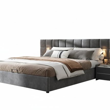 Lit coffre 180x200 avec rangement – Velours gris avec LED & USB
