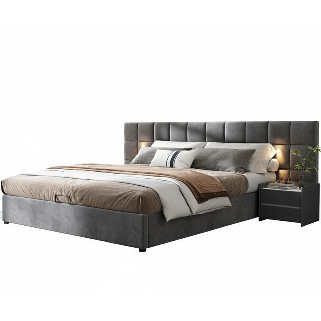 Lit coffre 180x200 avec rangement – Velours gris avec LED & USB