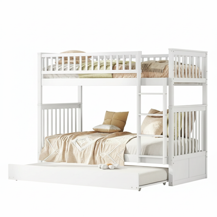 Lit mezzanine 2 lits de 1 place 90x200 – Bois avec escalier et lit gigogne Blanc