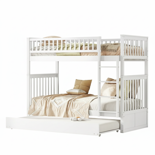 Lit mezzanine 2 lits de 1 place 90x200 – Bois avec escalier et lit gigogne Blanc