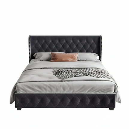 Lit 2 places 180x200 avec rangement – Velours gris capitonné