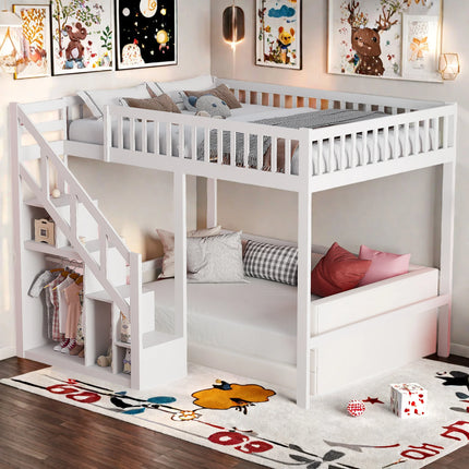 Lit mezzanine 1 ou 2 places 140x200 – Bois blanc avec escalier et rangements