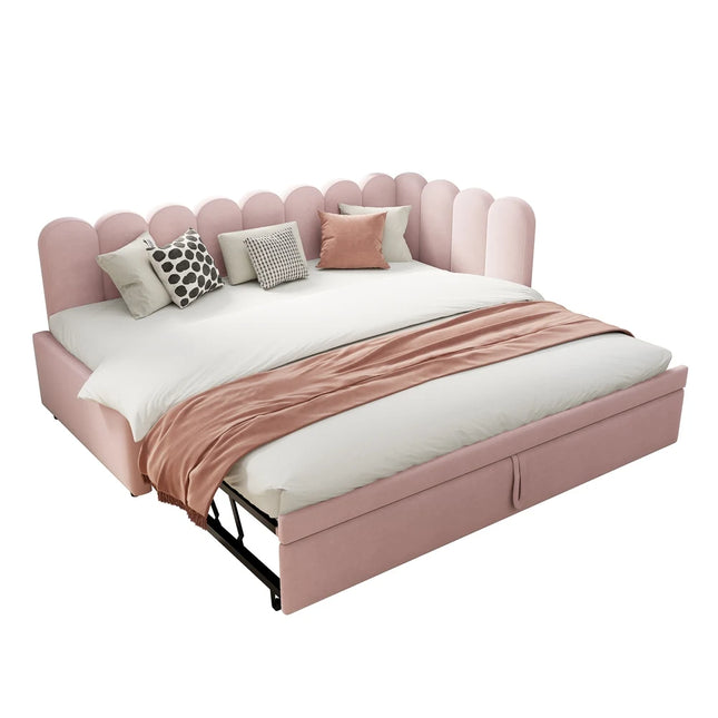 Lit gigogne 1 place 90x190 extensible – Velours rose design pétale