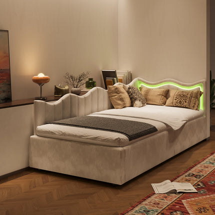 Lit coffre 1 place 90x200 avec rangement hydraulique – Velours beige