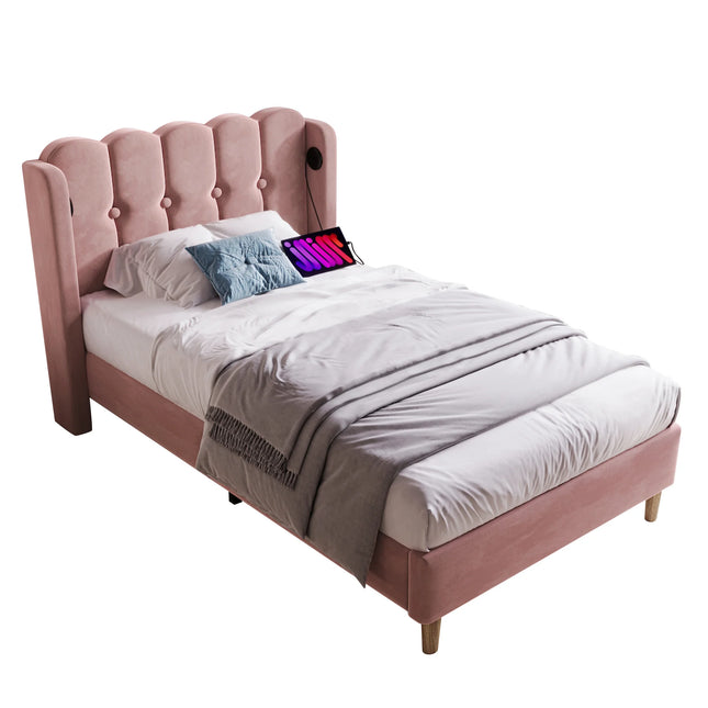Lit 1 place 90x200 – Velours rose capitonné avec port USB-C intégré