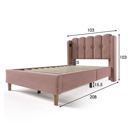Lit 1 place 90x200 – Velours rose capitonné avec port USB-C intégré