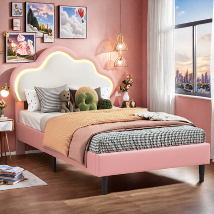 Lit enfant 1 place 90x200 – Design nuage LED en simili cuir rose