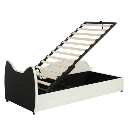 Lit coffre 1 place 90x200 avec rangement – Design chat en velours beige