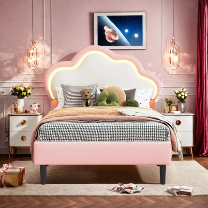 Lit enfant 1 place 90x200 – Design nuage LED en simili cuir rose