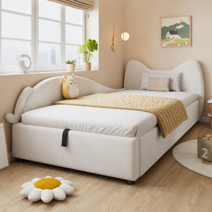 Lit coffre 1 place 90x200 avec rangement – Design chat en velours beige