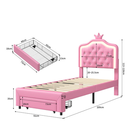 Lit 1 place 90x200 – Design princesse avec tiroir de rangement Rose