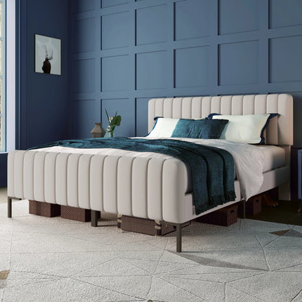 Lit 2 places 160x200 – Tissu beige, tête de lit ajustable