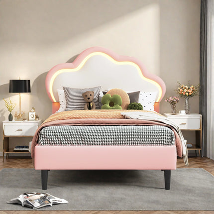 Lit enfant 1 place 90x200 – Design nuage LED en simili cuir rose