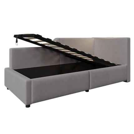 Lit coffre 1 place 90x200 avec rangement – Daybed velours avec lumière & USB-C Gris