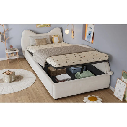 Lit coffre 1 place 90x200 avec rangement – Design chat en velours beige