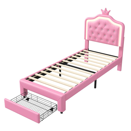 Lit 1 place 90x200 – Design princesse avec tiroir de rangement Rose