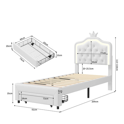 Lit 1 place 90x200 – Design princesse avec tiroir de rangement Blanc