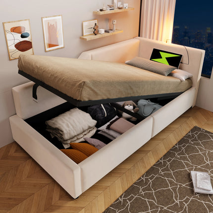 Lit coffre 1 place 90x200 avec rangement – Daybed velours avec lumière & USB-C Beige