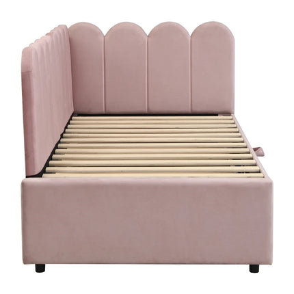 Lit gigogne 1 place 90x190 extensible – Velours rose design pétale