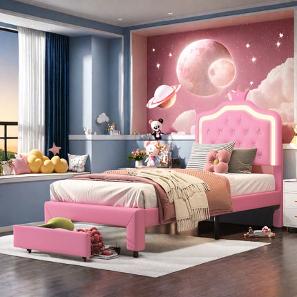 Lit 1 place 90x200 – Design princesse avec tiroir de rangement Rose