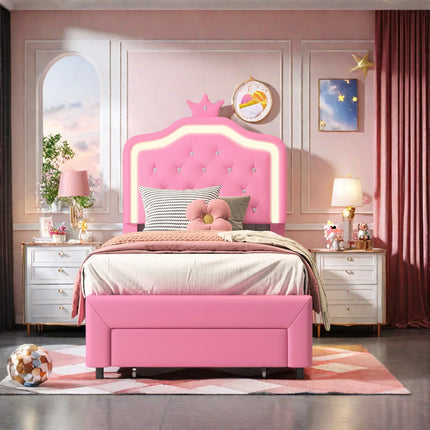 Lit 1 place 90x200 – Design princesse avec tiroir de rangement Rose