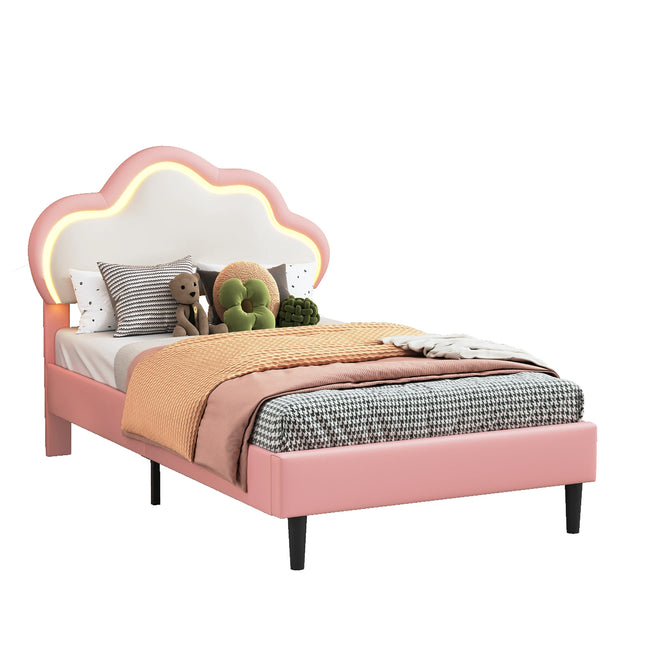 Lit enfant 1 place 90x200 – Design nuage LED en simili cuir rose