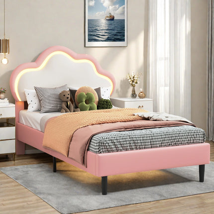 Lit enfant 1 place 90x200 – Design nuage LED en simili cuir rose