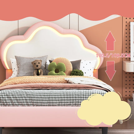 Lit enfant 1 place 90x200 – Design nuage LED en simili cuir rose