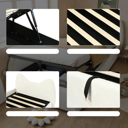 Lit coffre 1 place 90x200 avec rangement – Design chat en velours beige