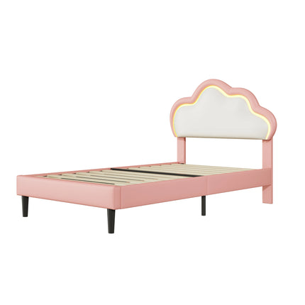 Lit enfant 1 place 90x200 – Design nuage LED en simili cuir rose