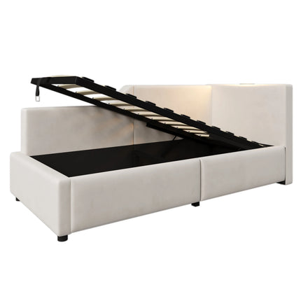 Lit coffre 1 place 90x200 avec rangement – Daybed velours avec lumière & USB-C Beige