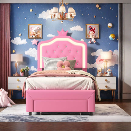 Lit 1 place 90x200 – Design princesse avec tiroir de rangement Rose