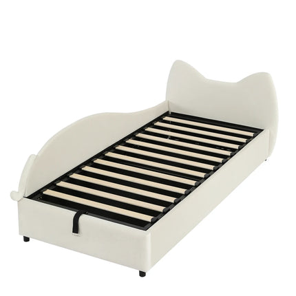 Lit coffre 1 place 90x200 avec rangement – Design chat en velours beige