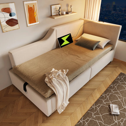 Lit coffre 1 place 90x200 avec rangement – Daybed velours avec lumière & USB-C Beige