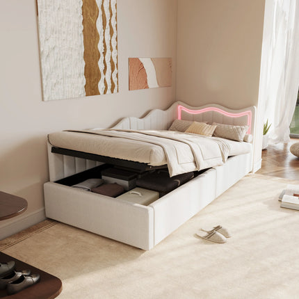 Lit coffre 1 place 90x200 avec rangement hydraulique – Velours beige